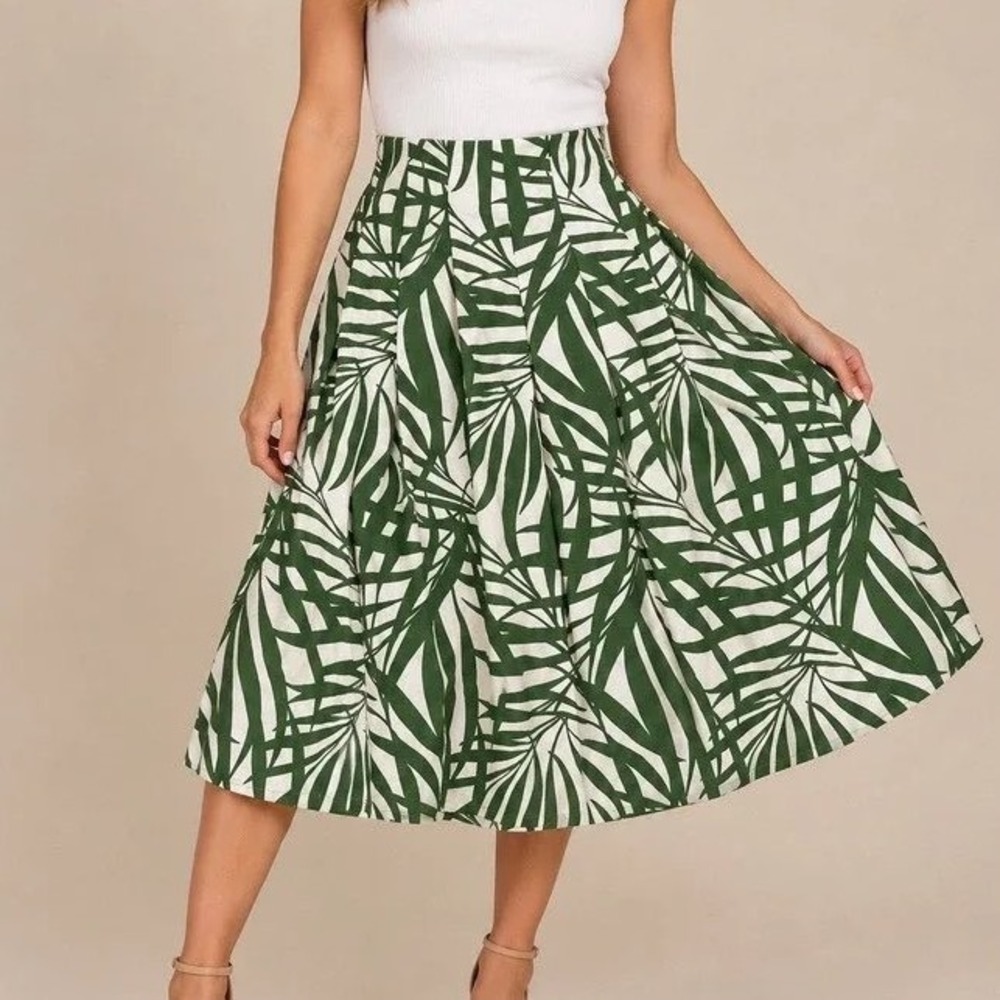 Kate Spade New York Palm Fronds Sz 12 Tropical Leaf Midi Skirt Green White K8554